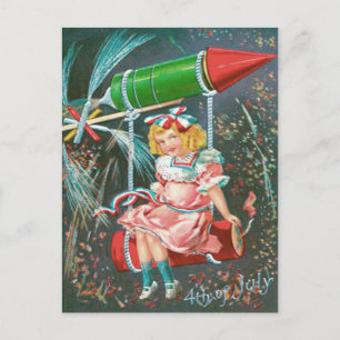 Cartão Postal Menina Fofa no Balanço Foguete de Garrafa Artefato