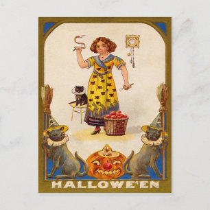 Cartão Postal Menina Gato Preto Jack O' Lantern
