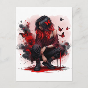 Cartão Postal Menina grunge borboleta vermelha