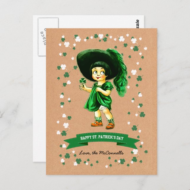 Cartão Postal Menina Irlandesa Antiga Nome Personalizado Dia de  (Frente/Verso)