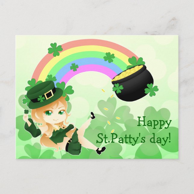 Cartão Postal Menina irlandesa bonito do leprechaun do chibi com (Frente)