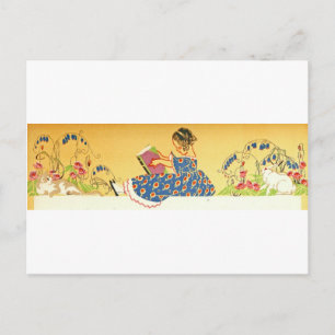 Cartão Postal Menina lendo com coelhos