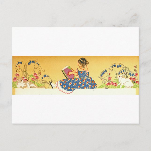 Cartão Postal Menina lendo com coelhos (Frente)