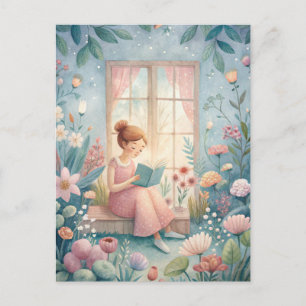Cartão Postal Menina Lendo Livro Janela Ensolarada