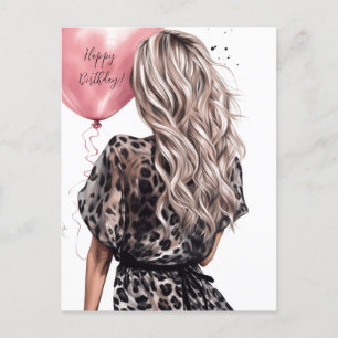 Cartão Postal Menina loira de costas balão rosa vestido de leopa
