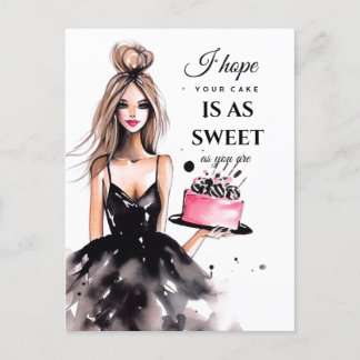 Cartão Postal Menina loira vestido preto bolo de aniversário aqu