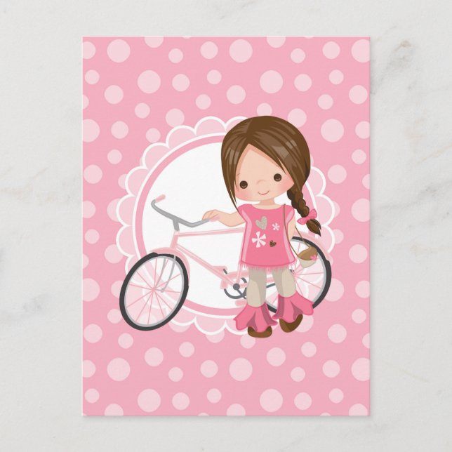 Cartão Postal Menina Morena de Bicicleta - Rosa Branco (Frente)
