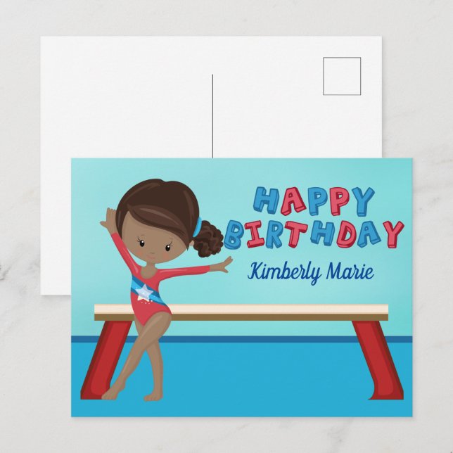 Cartão Postal Menina Negra Americana Ginástica Aniversário (Frente/Verso)