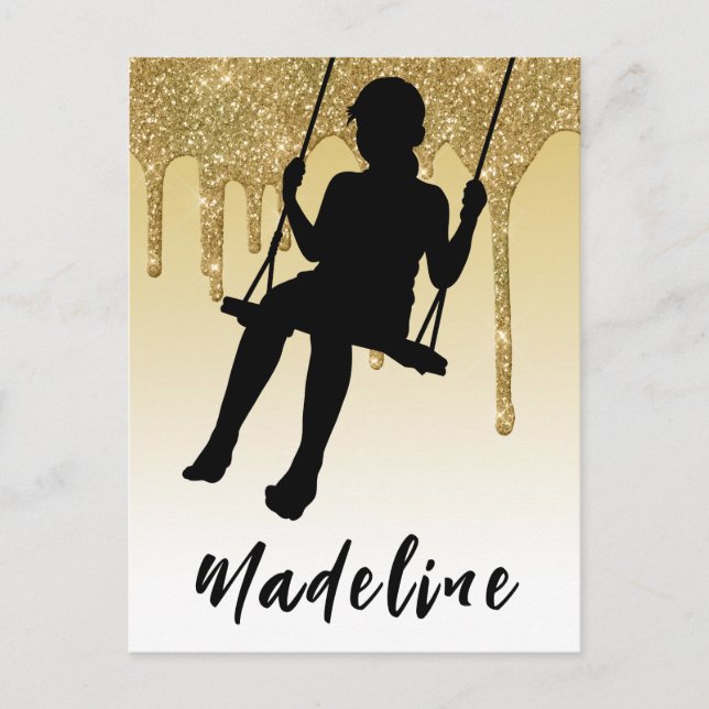 Cartão Postal Menina no Balanço Dourado Brilho Gotejamento Ombre (Frente)