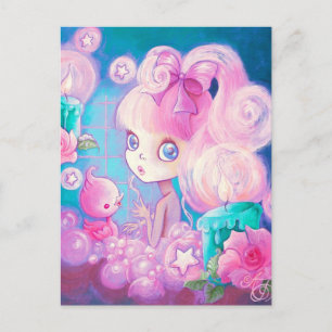 Cartão Postal Menina no Banho de Bolhas com Velas e Rosas