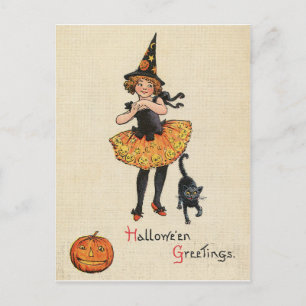 Cartão Postal Menina pequena com fantasia de bruxa de Halloween,
