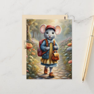 Cartão Postal Menina ratinho fofa a caminho da escola, personali