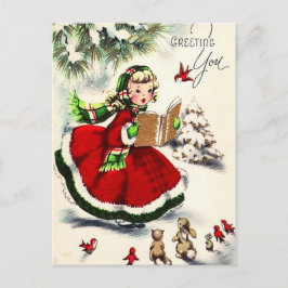Cartão Postal Menina retrô de Natal cantando para coelhinhos