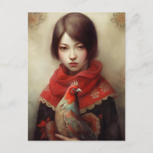 Cartão Postal Menina segura sua galinha de estimação Arte de IA