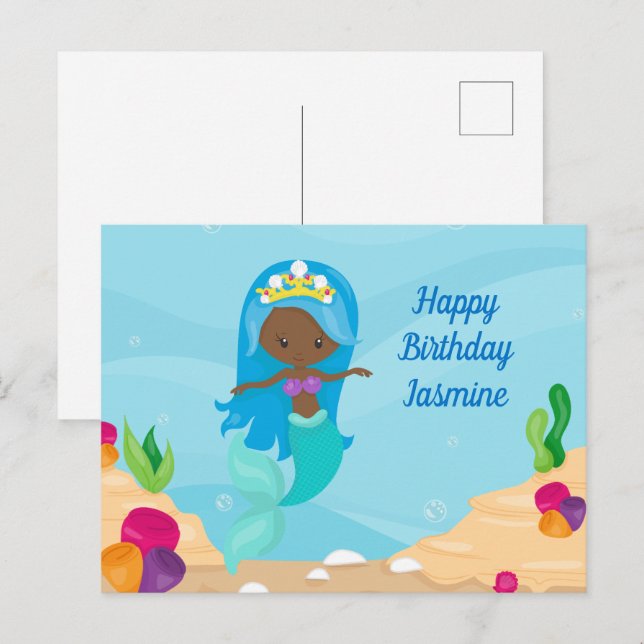 Cartão Postal Menina Sereia Afro-Americana Personalizada Anivers (Frente/Verso)