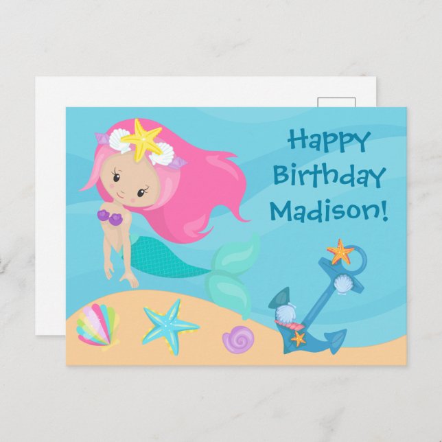 Cartão Postal Menina Sereia Fofa Aniversário Feliz Infantil Pers (Frente/Verso)