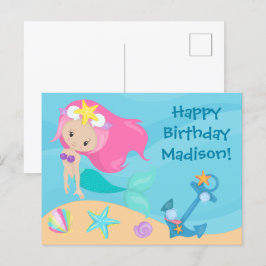 Cartão Postal Menina Sereia Fofa Aniversário Feliz Personalizado