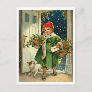 Cartão Postal Menina vindo na véspera de Natal com seu cachorro