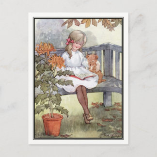 Cartão Postal Menina Vintage Lendo Com Cachorro por Anne Anderso