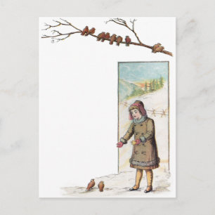 Cartão Postal Menina Vitoriana Alimentando Pássaros na Neve