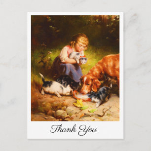 Cartão Postal Menina Vitoriana com Gatinhos e Cachorro Arte Obri