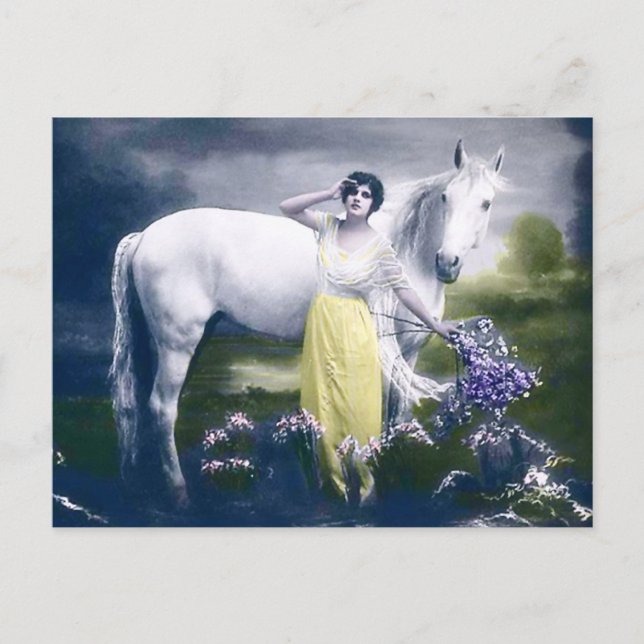 Cartão Postal menina vitoriosa com cavalo branco (Frente)