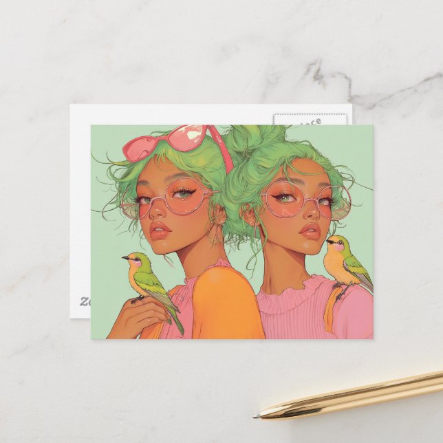 Cartão Postal Meninas Caprichosas Com Pássaros (Frente/Verso In Situ)