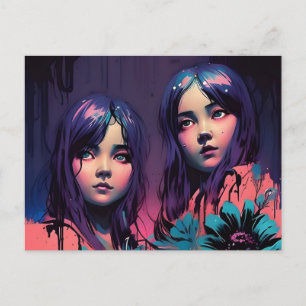 Cartão Postal Meninas de Cabelo Roxo Vestidas de Rosa