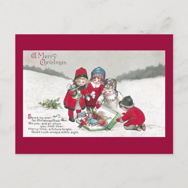 Cartão Postal Meninas em Casacos vermelhos com bonecas (Frente)