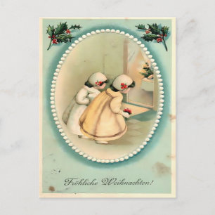 Cartão Postal Meninas Espiando a Árvore - Natal Vintage