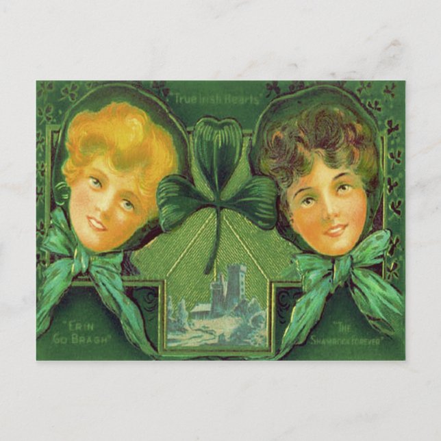 Cartão Postal Meninas Irlandesas Shamrock Castelo Blarney (Frente)