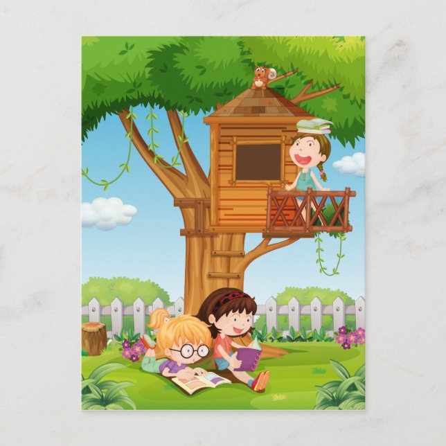 Cartão Postal Meninas lendo livros no jardim (Frente)