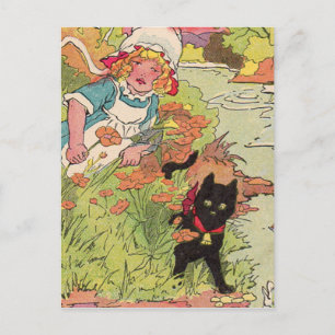 Cartão Postal Menininha fofa de 1915 e seu gato preto