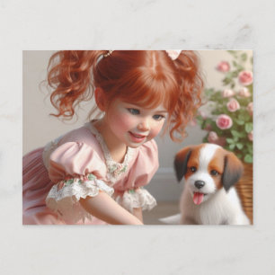 Cartão Postal Menininha Vermelha com seu Puppy