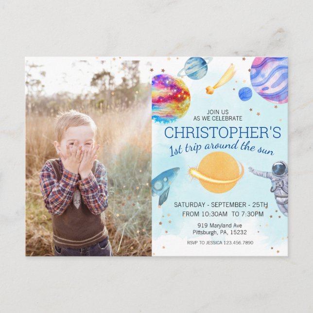 Cartão Postal Menino azul Astronauta Festa de aniversário espaci (Frente)