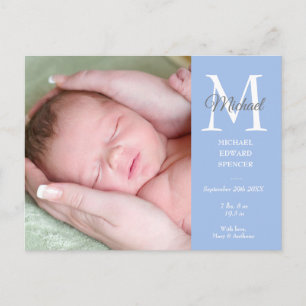 Cartão Postal Menino Bebê Azul Monograma Inicial Foto Agradecime