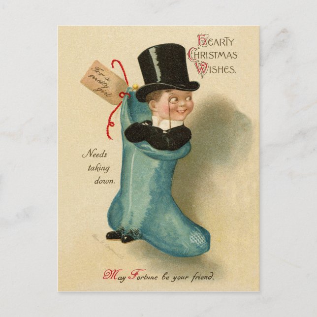 Cartão Postal Menino cavalheiro em meia de Natal azul grande, vi (Frente)