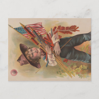 Cartão Postal Menino com Fogos de Artifício, Bandeira Americana,