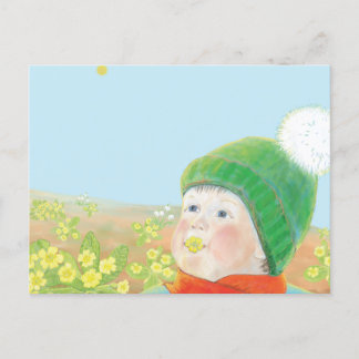 Cartão Postal Menino com Primroses Selvagens