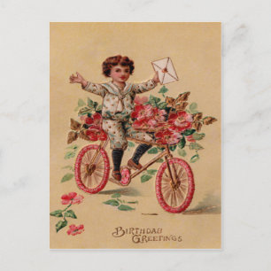 Cartão Postal Menino Correio Flor Rosa Bicicleta Aniversário