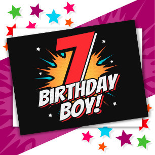 Cartão Postal Menino de 7 Anos de Idade Festa de Aniversário Sup