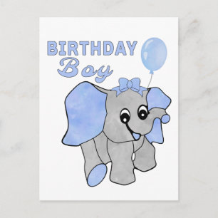 Cartão Postal Menino de Aniversário Elefante Azul Bebê 