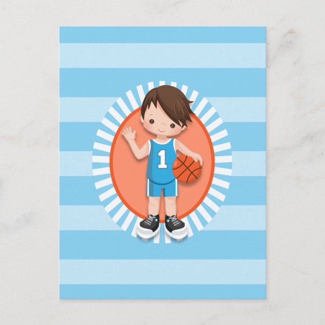Cartão Postal Menino de Cabelo Castanho Jogador de Basquete (Frente)