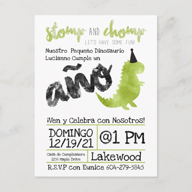 Cartão Postal Menino Dino Dinossauro Espanhol Menino Stomp (Frente)