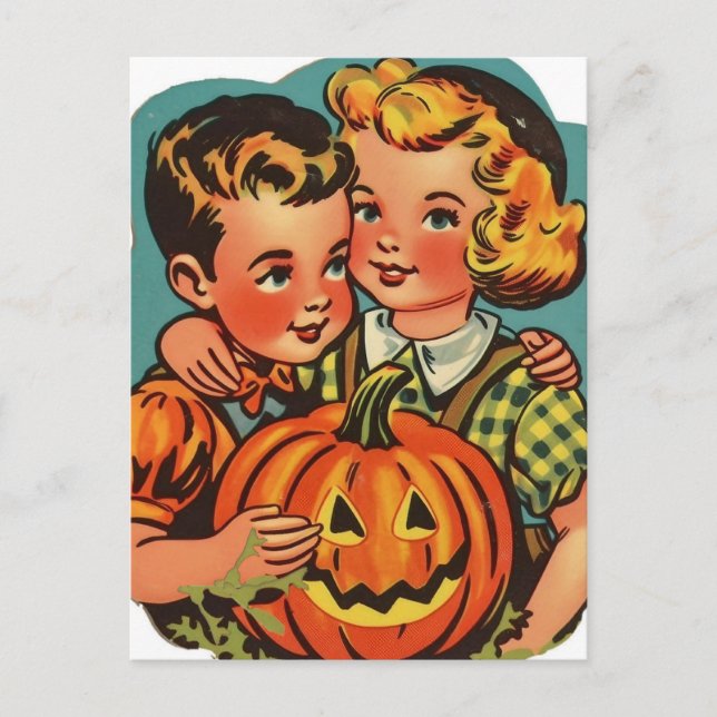 Cartão Postal Menino e Garota do Halloween com Jack-o-Lanterna (Frente)