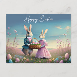 Cartão Postal Menino e menina do Coelhinho da Páscoa Elegante