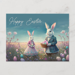 Cartão Postal Menino e menina do Coelhinho da Páscoa Elegante