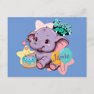 Cartão Postal Menino Elefante Bonito Aniversário