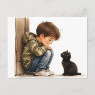 Cartão Postal Menino Fofo e Pequeno Gatinho Preto