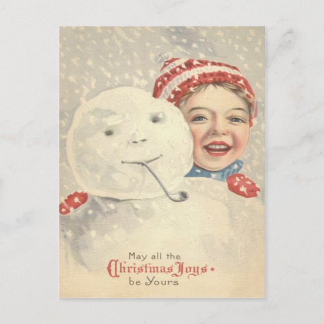 Cartão Postal Menino Sorridente Boneco de Neve Cachecol Chapéu d (Frente)